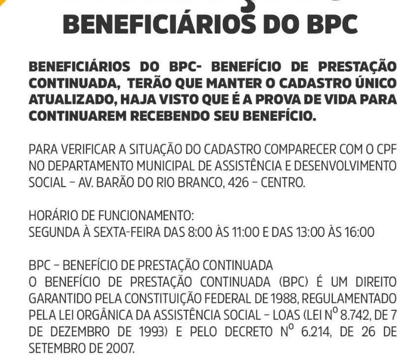 Atenção beneficiários do BPC – Benefício de Prestação Continuada.
