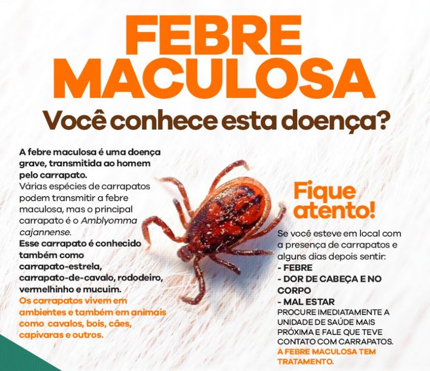 Atenção Departamento Municipal de Saúde Alerta: Você sabia que a febre maculosa é uma doença infecciosa que requer cuidados?