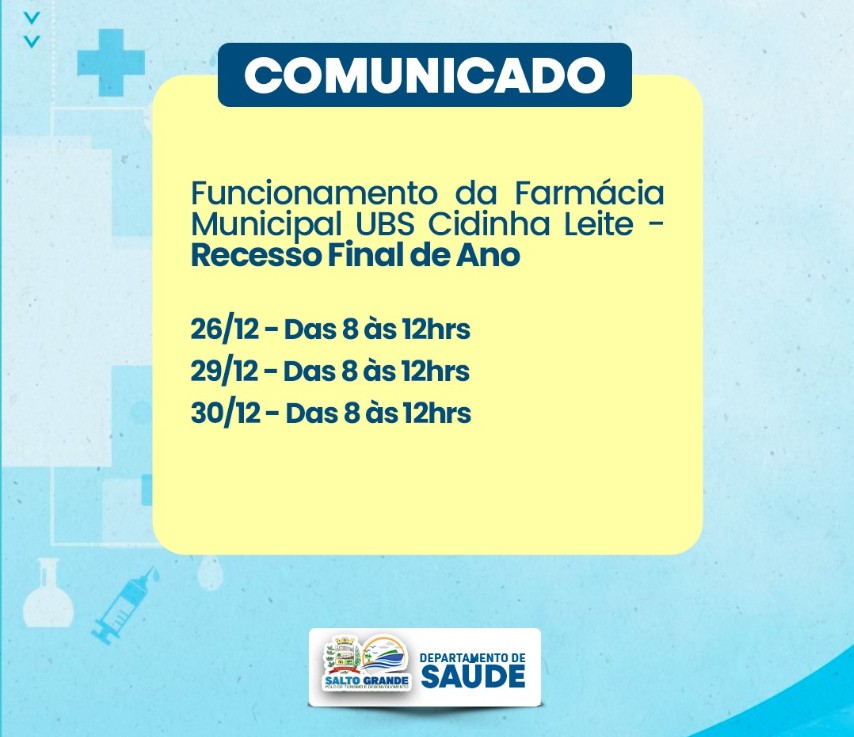 FUNCIONAMENTO DA FARMÁCIA DURANTE O RECESSO DE FIM DE ANO