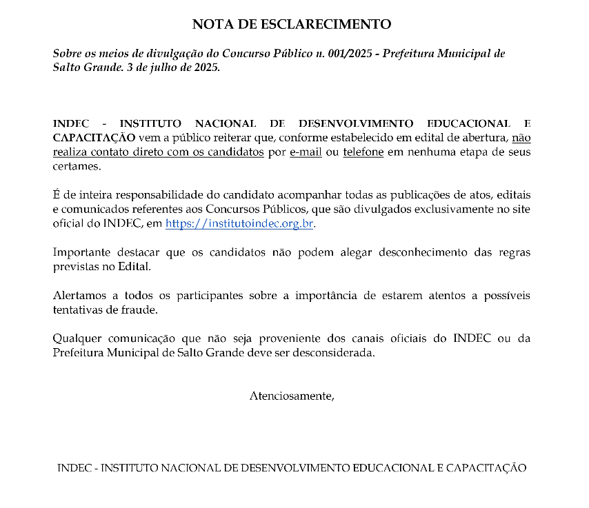 NOTA DE ESCLARECIMENTO - INDEC CONCURSOS